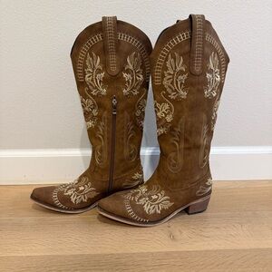 Brown Embroidered Heeled Boots (Wide Calf)